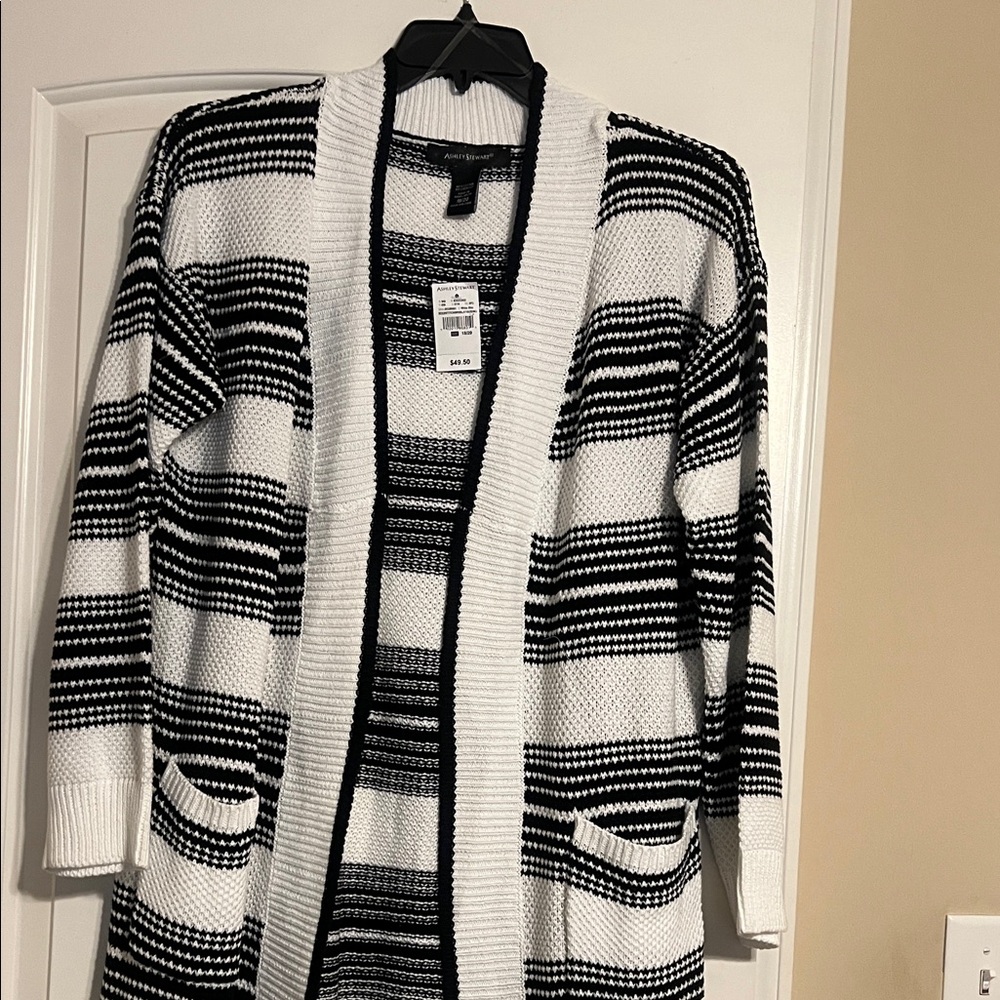 Ashley Stewart Black and White Striped Cardigan